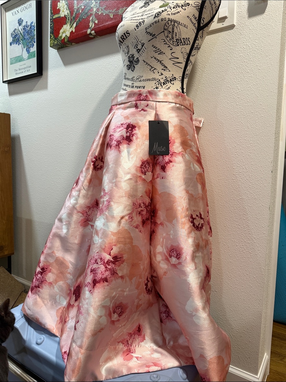 Muse Pink & Peach Floral Satin High Waist Formal Full Skirt
